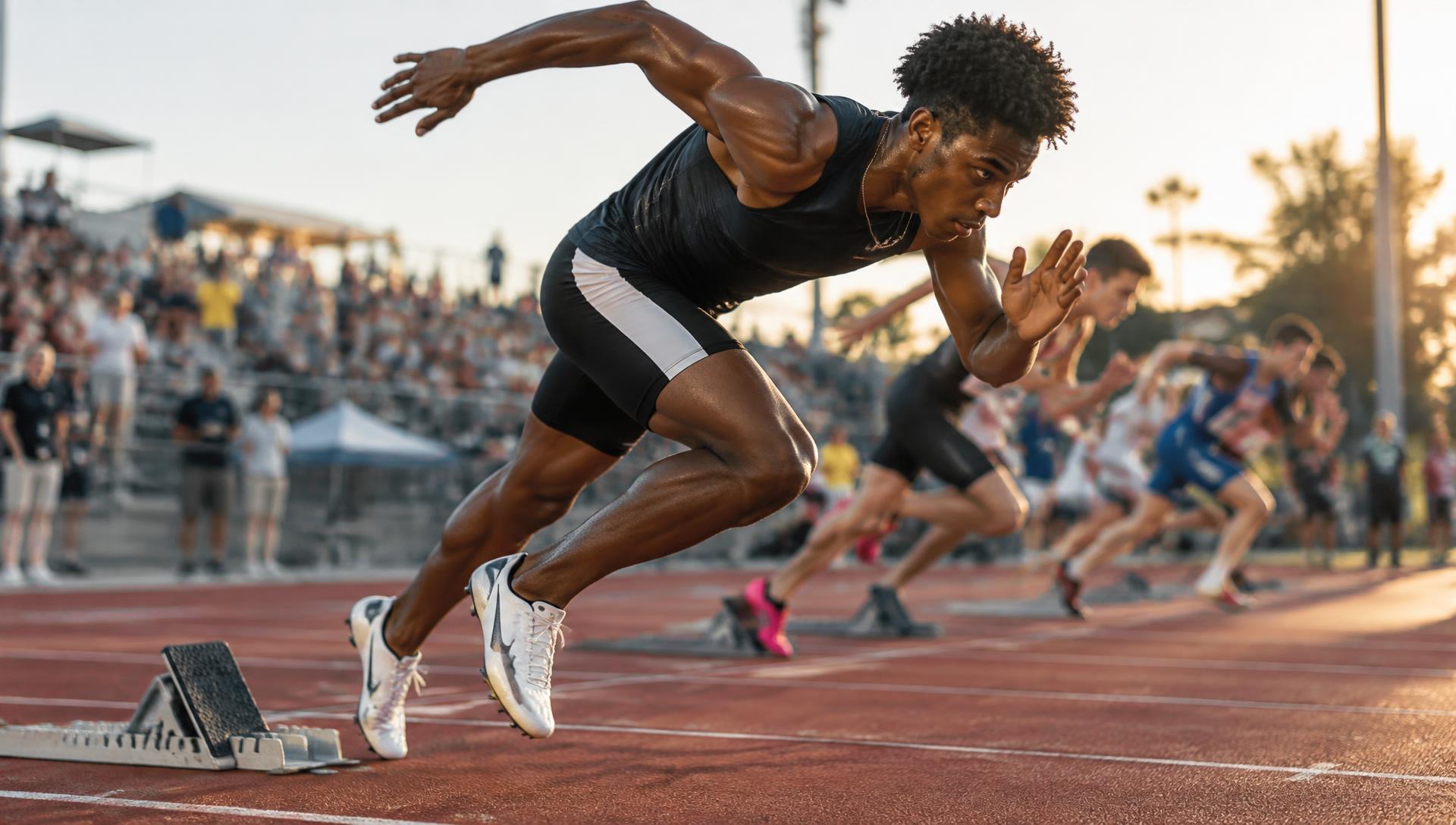 Young sprinter exploding out of the starting blocks