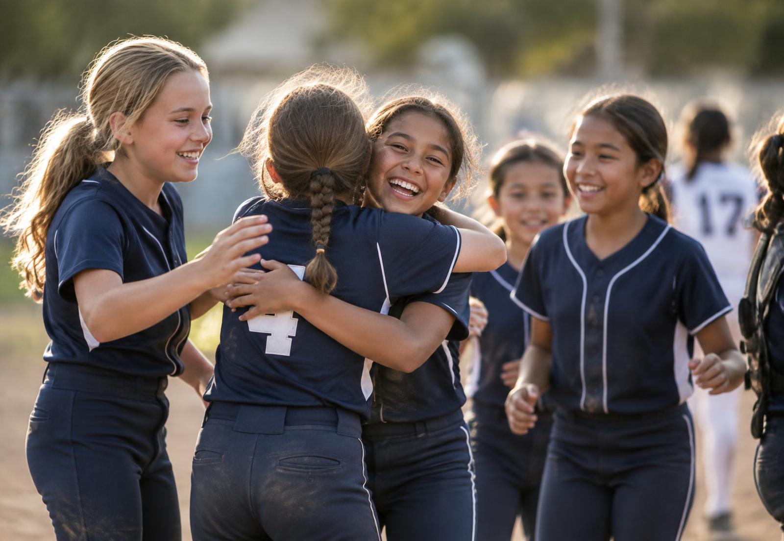 Girls softball teammates celebrating together after a play