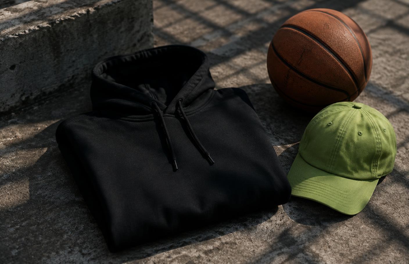 After Athletics hoodie and cap with a basketball